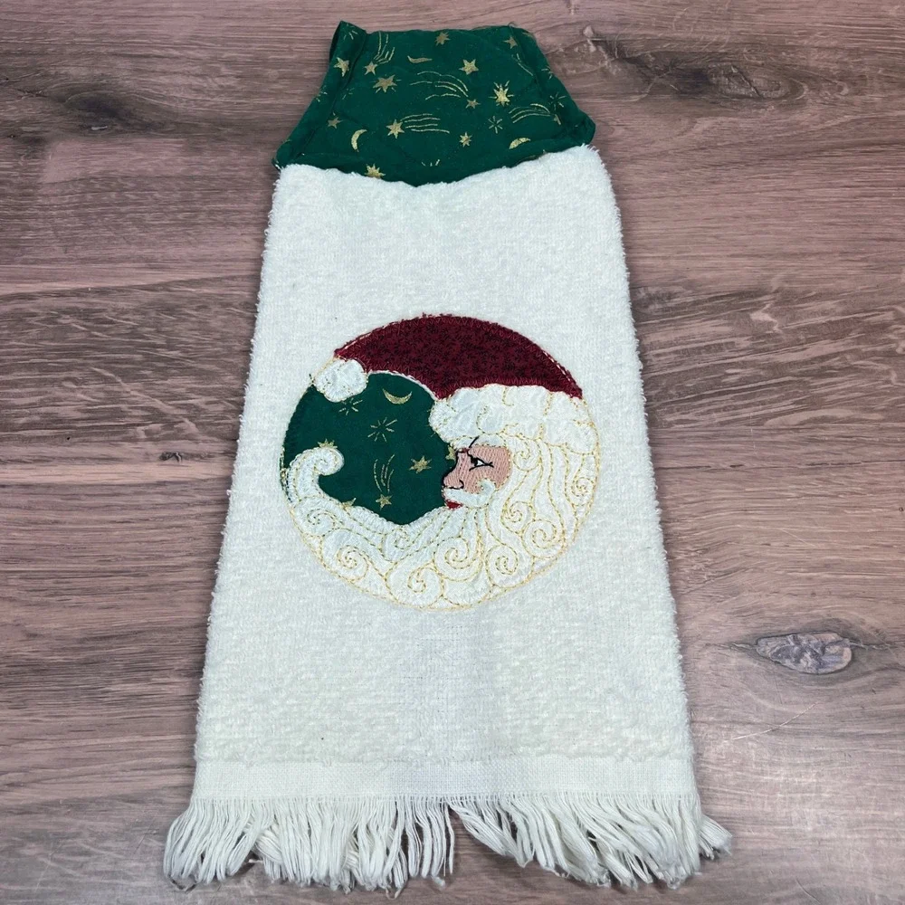 Vintage Christmas Kitchen Set Green Santa Moon Towels Pot Holders 5pc